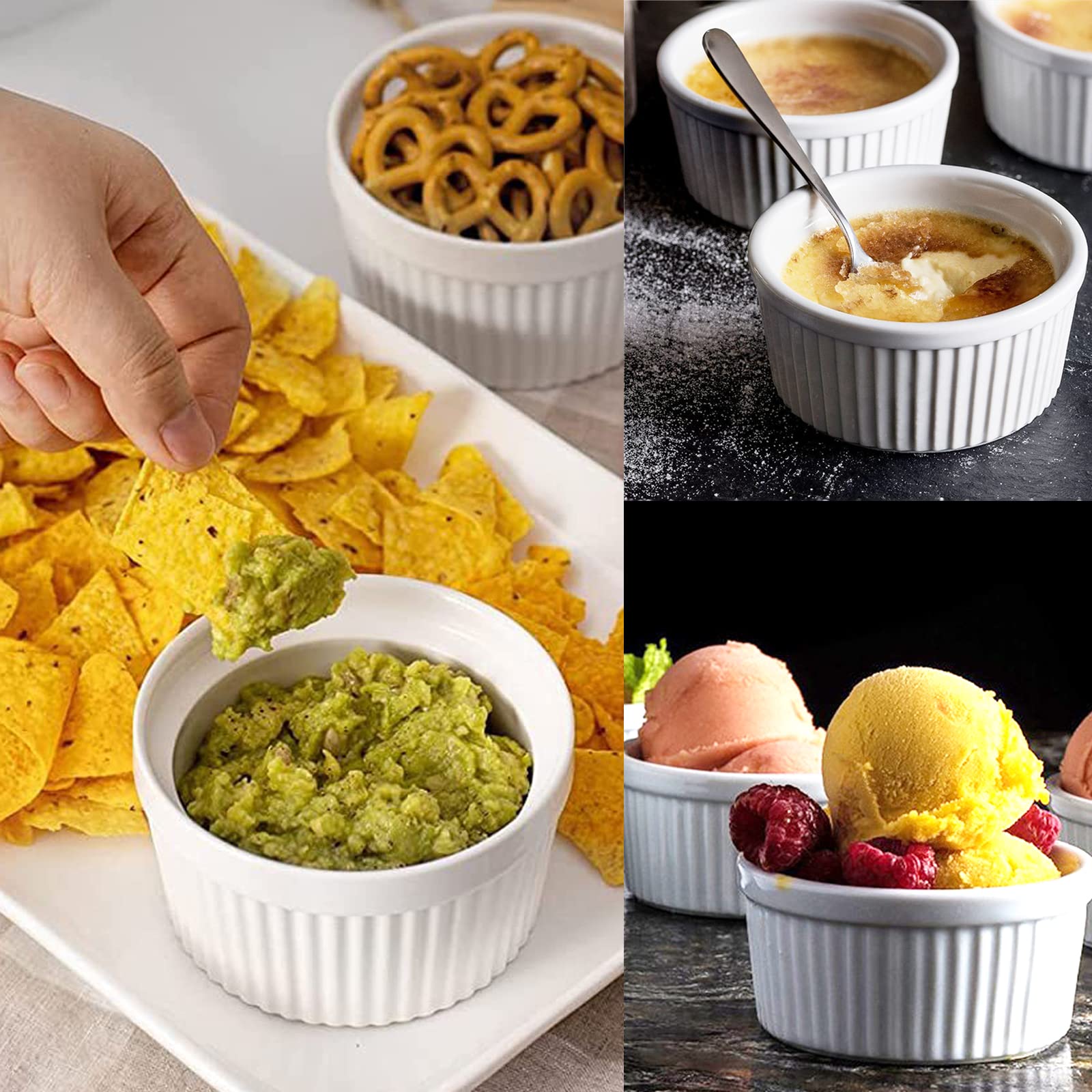 BPFY Set of 6 4 oz White Porcelain Ramekins Bakeware, Ceramic Souffle Dishes, Baking Cups for Custards, Pudding, Creme Brulee, French Onion Soup Bowls