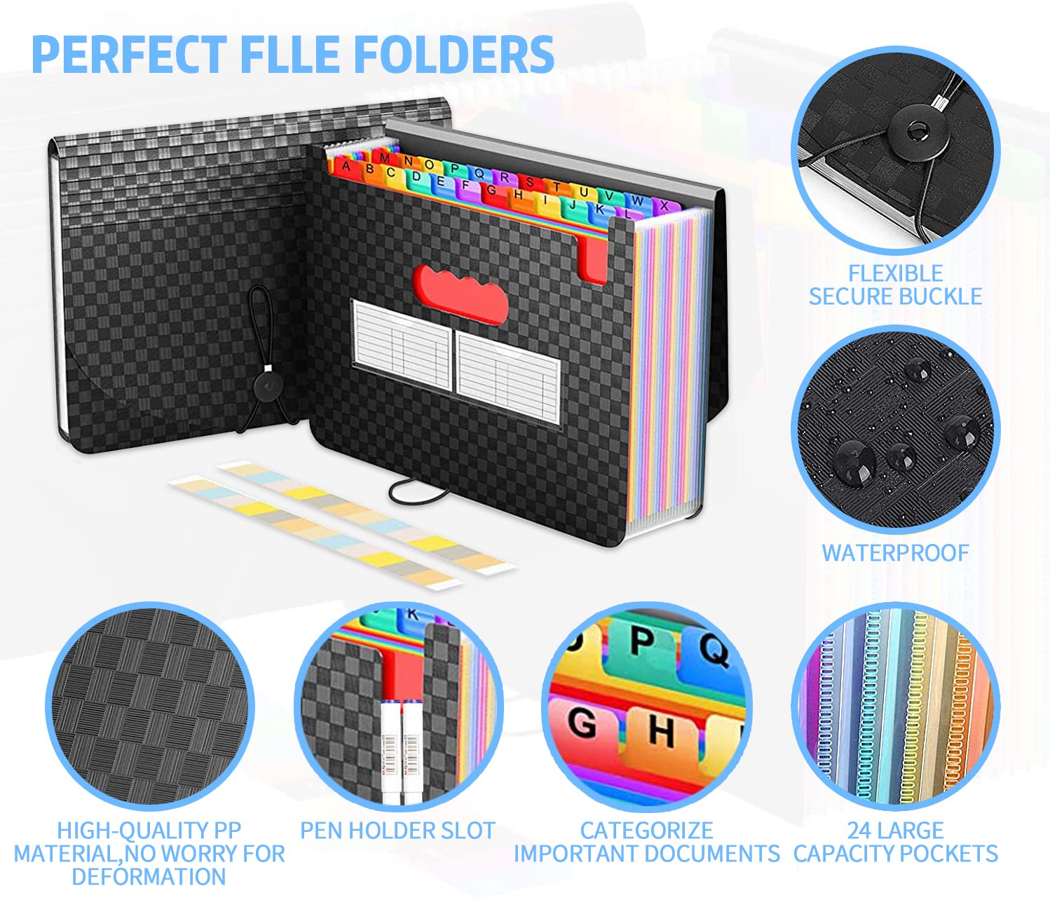 24 Pockets Expandable Accordion File Organizer, Expanding File Folders, Portable Rainbow Plastic Filing Box with Colored Labels for School Work Family Project Office Personal Document