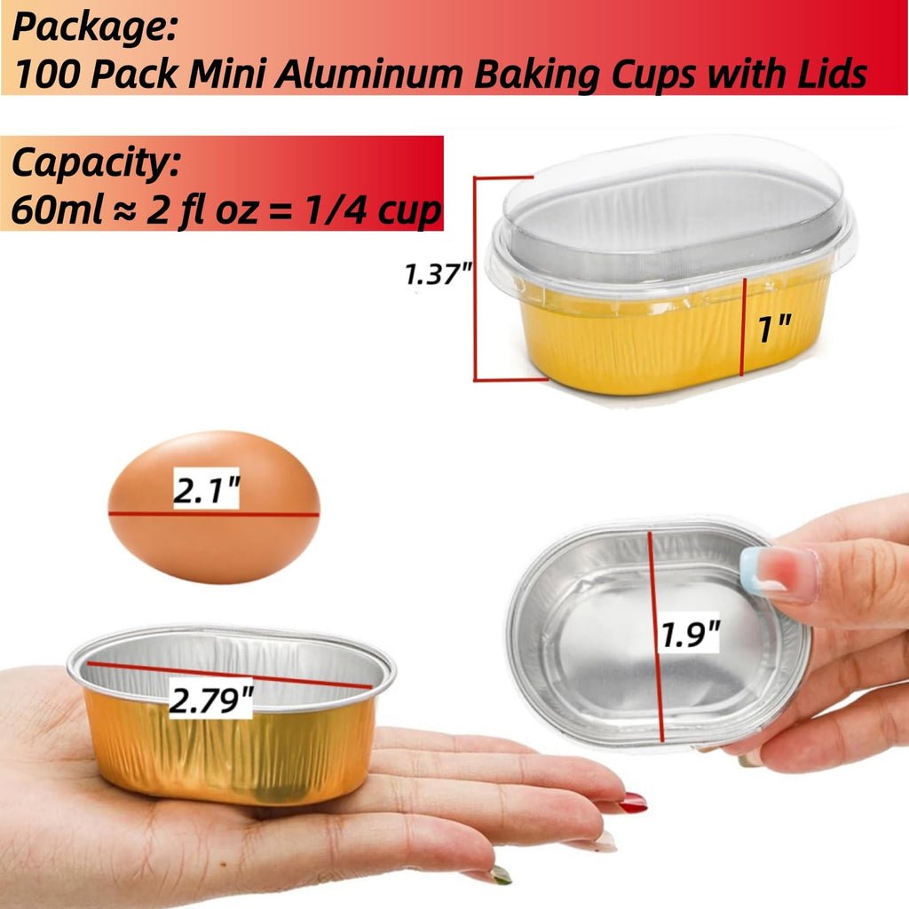 Dicunoy 100 Pack Mini Aluminum Baking Cups with Lids, 2 FL OZ Disposable Ramekins Muffin Liners Containers, Individual Pie Tin Cup for Dessert, Creme Brulee, Pudding, Cupcake