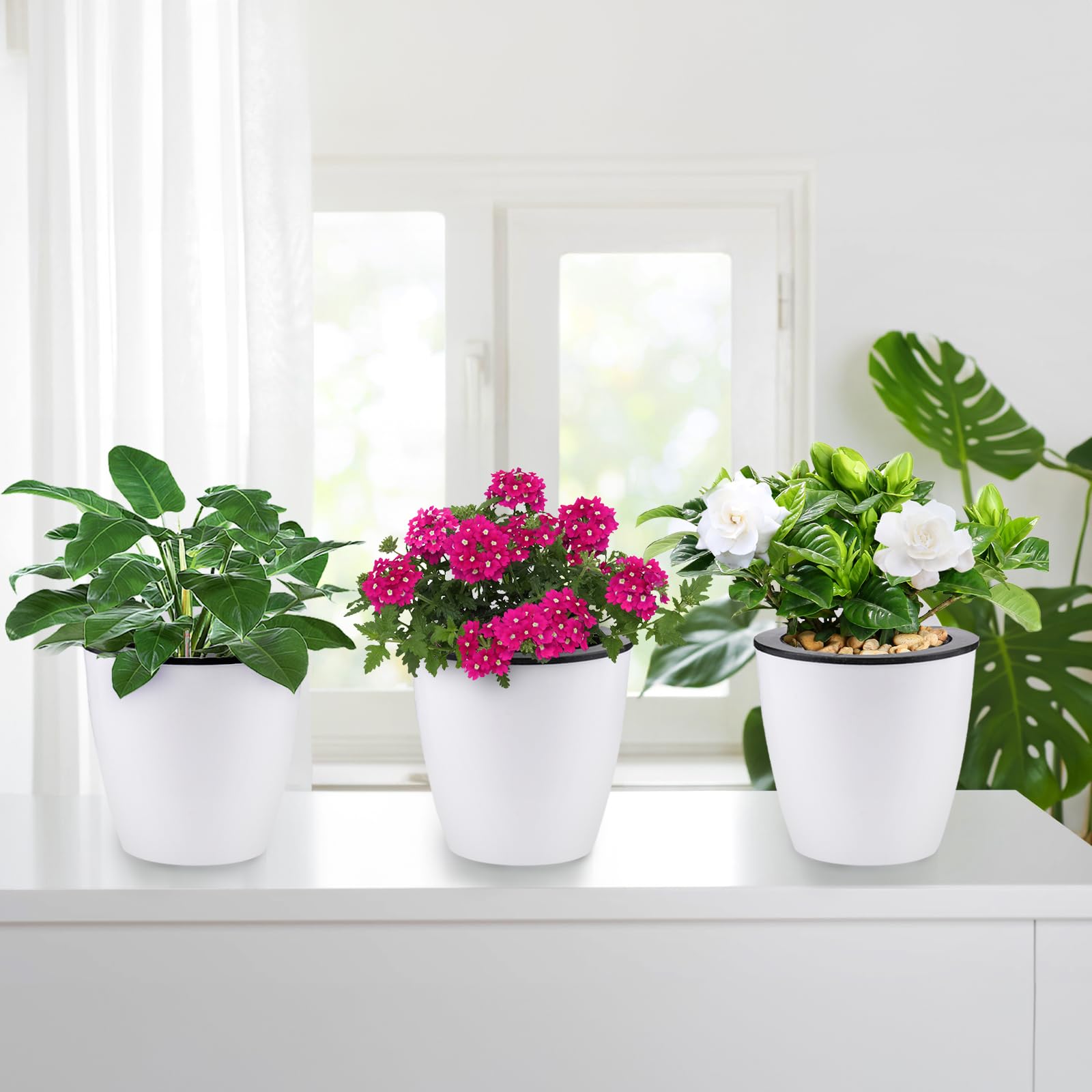 Jucoan 9 Pack Self Watering Wall Hanging Planters Pots for Indoor Plant, 5 Inch White Plastic Lazy Flower Pot with 9 Hooks for Garden Fence, Porch, Wall