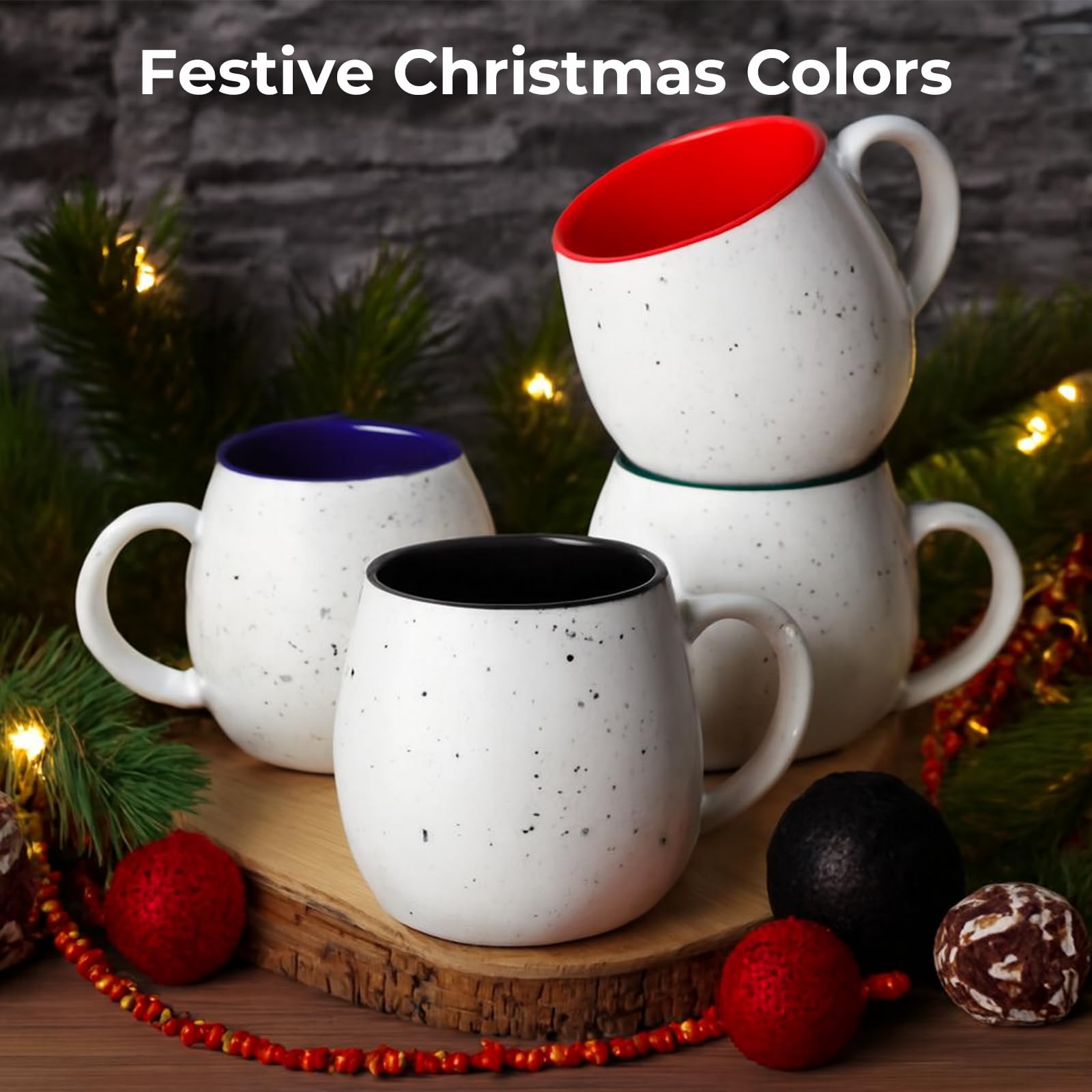 LIFVER 20 Ounces Coffee Mugs Set of 4, Large Coffee Mugs with Color on Inside, Speckled Big White Mugs with Large Handles for Coffee, Tea, Hot Cocoa, Christmas Gifts for Women Men Jumbo Soup Mugs Microwavable