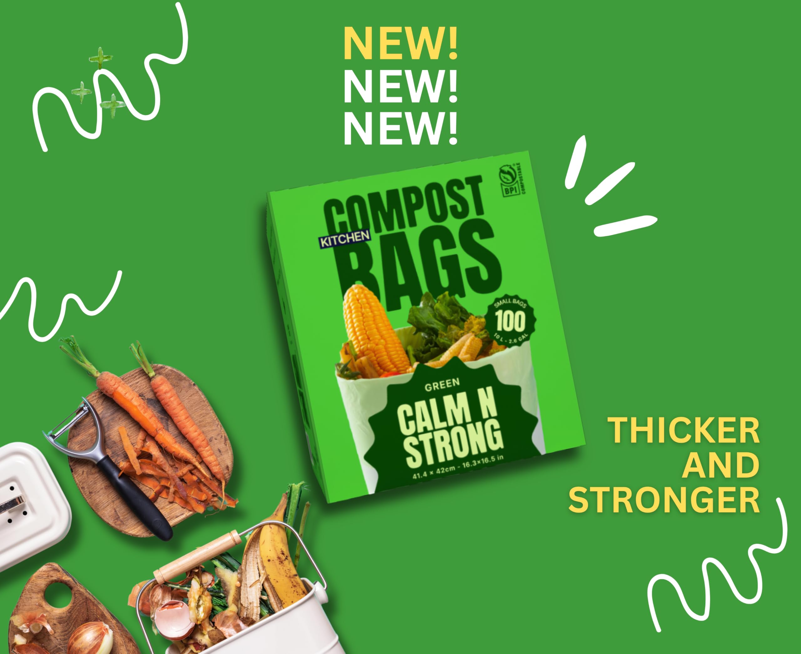 CALM N STRONG Certified Compostable Trash Bags - 100 Count - Small 10 Litre/2.6 Gal Kitchen Food Waste Bags - Unscented