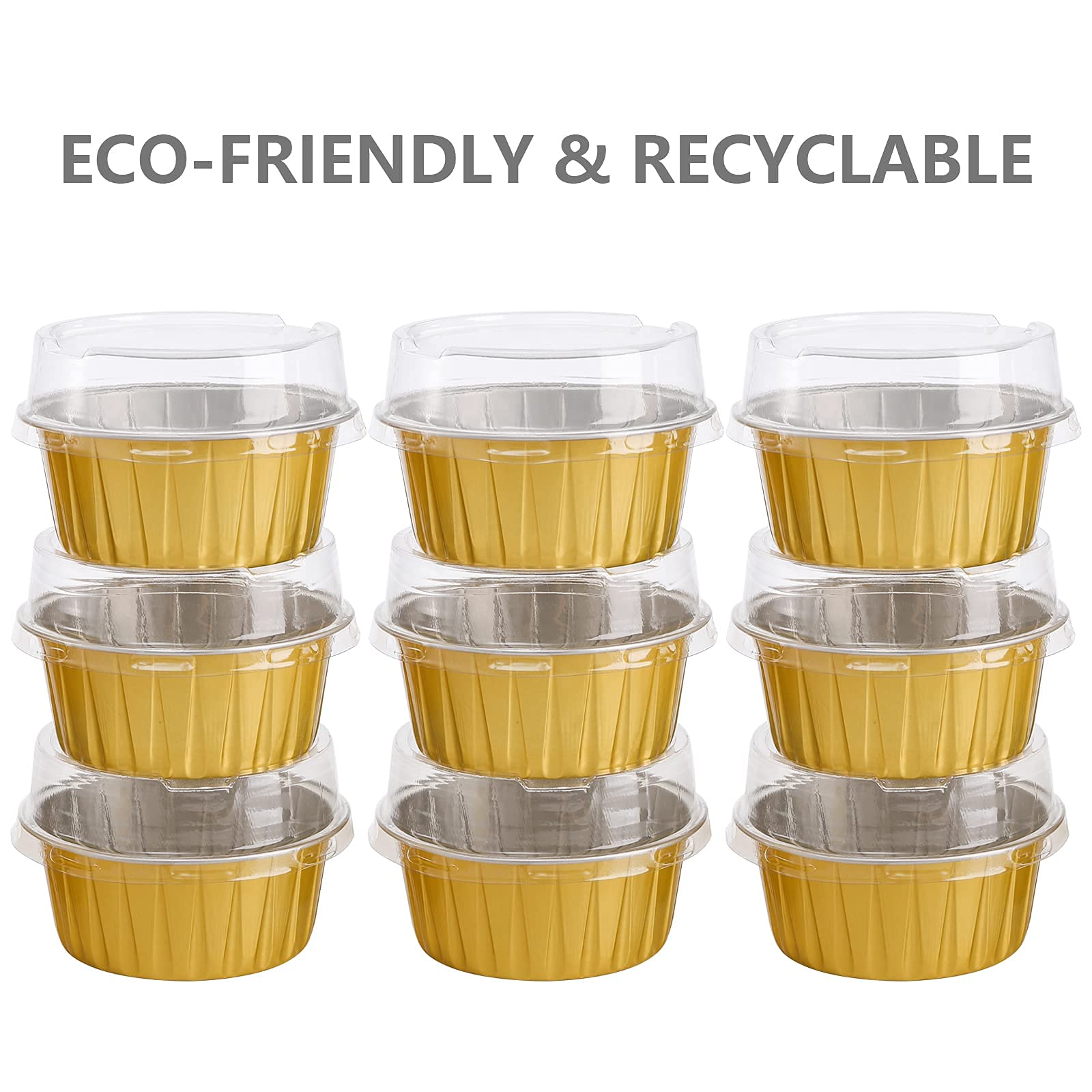 DEAYOU 100-Pack Aluminum Foil Baking Cups with Lids, 5oz Muffin Cupcake Ramekins, 3" Recyclable Cupcake Foil Liners Mini Tart Pie Tin Pan Holder for Souffle, Pudding, Party, Wedding, Gold