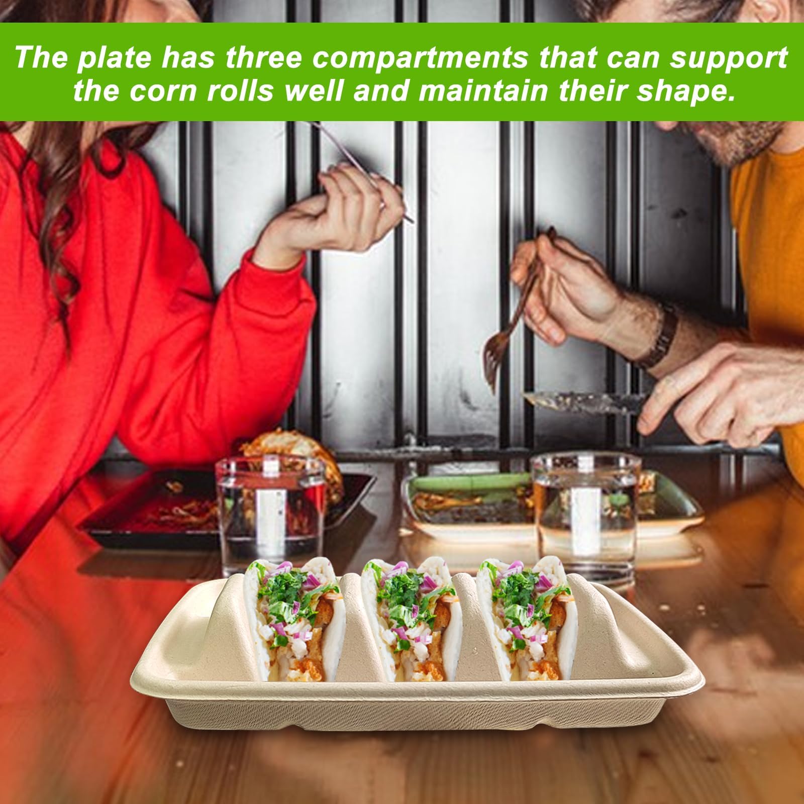 100PCS Disposable Taco Holder Stand,Disposable Taco Plates with 3 Dividers Stylish Rack Holds Up to 3 Tacos Each,Fiesta Holder for Taco Tuesday Lazy Susan Taco Bar,Food Serving Tray- Microwave Safe