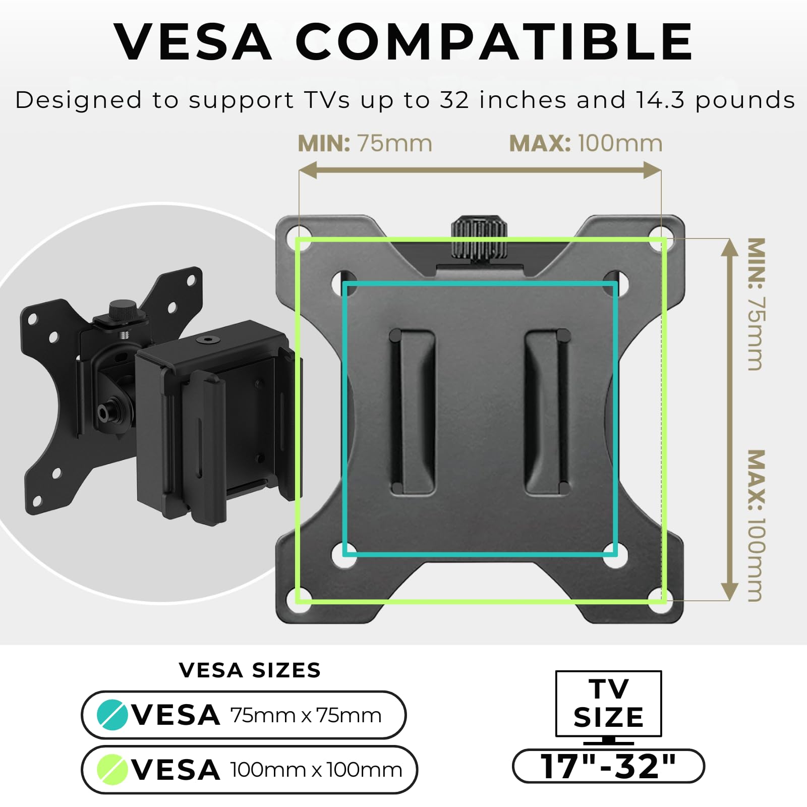 CondoMounts ZeboZap ZZTVS2011 Universal VESA Pole Mount with Removable 75mm and 100mm VESA Plate | Strap-On No-Drill Pole Bracket | Fits up to 32 Inch TVs & Monitors