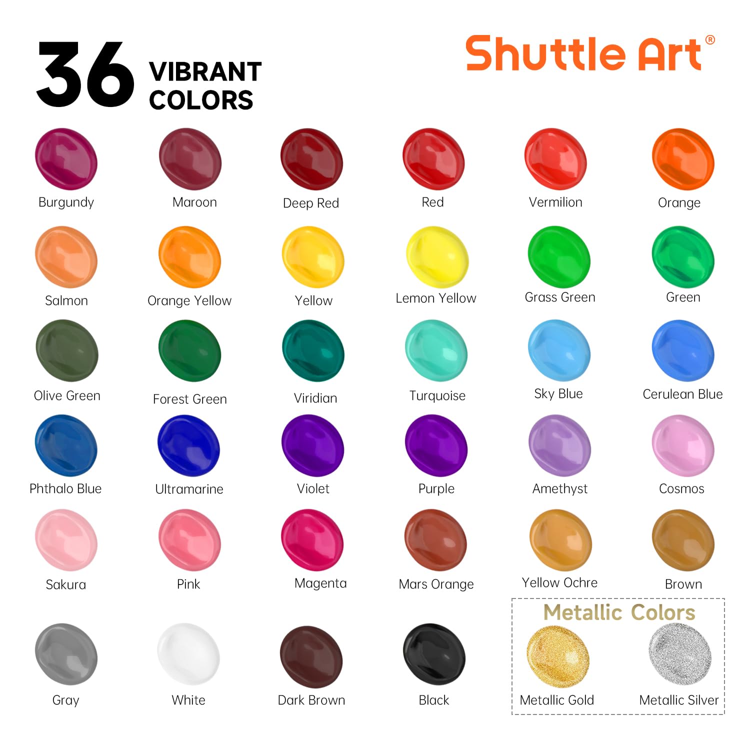 Shuttle Art Acrylic Paint Set, 36 Colors Acrylic Paint (2oz/Bottle) with Brushes & Palette, Rich Pigments Non-toxic Paint for Artists & Adults, Art Supplies for Canvas Rock Ceramic Wood Painting