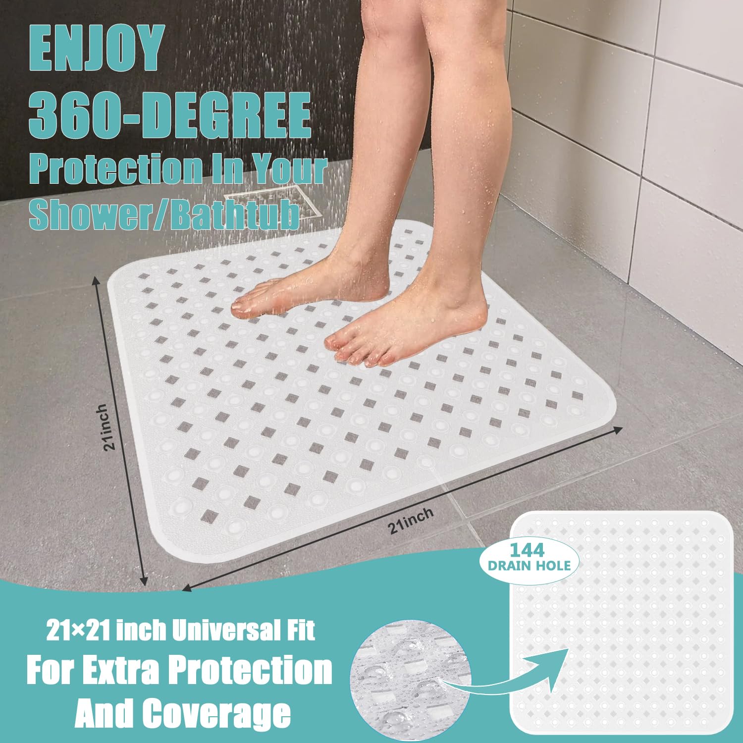 Non Slip Shower Mat Square: Mildew Resistant Shower Anti Slip Mat with Drain Holes - 165 Suction Cups Shower Floor Anti Slip Mat for Stall
