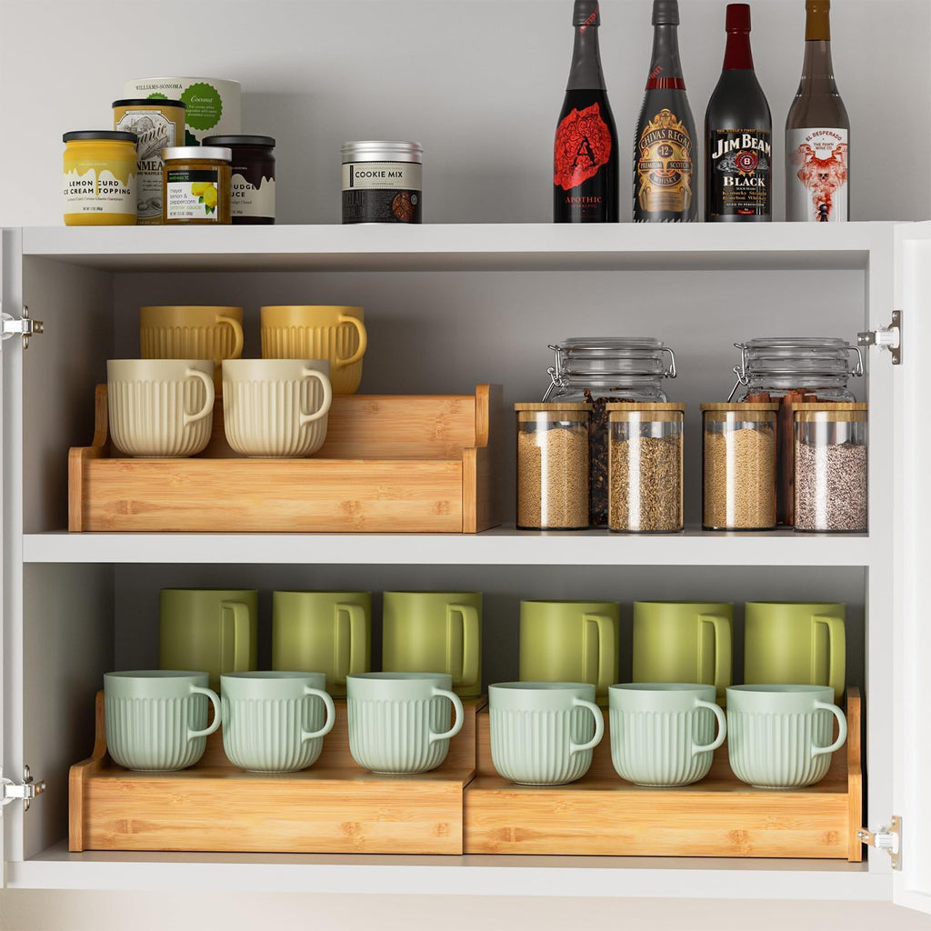 Hongtamoya 2-Tier Expandable Coffee Mug Holder, Countertop Station Bamboo Mug Cup Rack Coffee Bar Organizer, Tea Cups Stand for Cabinet, Multi-functional Mug Holder Shelf for Kitchen, Home