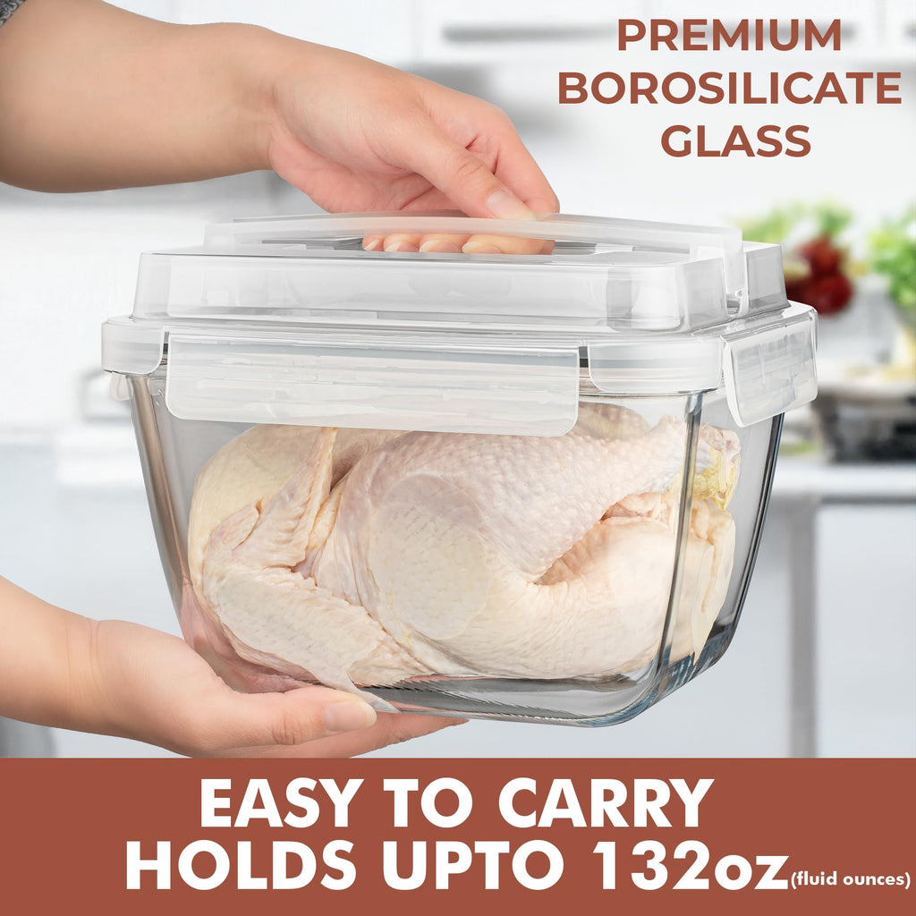 Razab 17 Cups / 132 Oz / 3900ml Large Glass Container Food Storage with Lids - Leakproof, BPA-Free Large Meal Prep Container Ideal for Roasting Turkey, Store Leftover - Microwave & Oven Safe