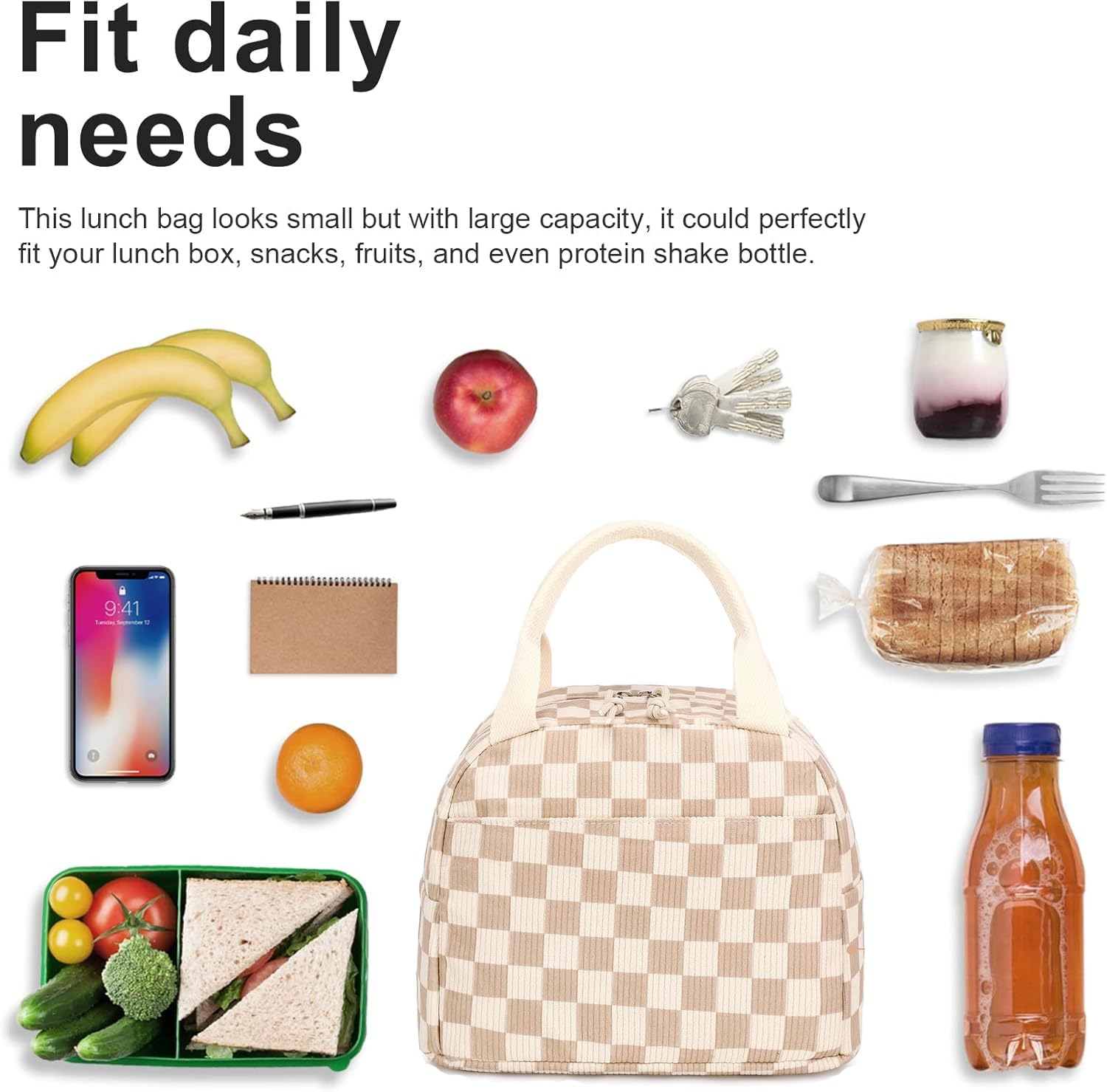 Insulated Lunch Bags for Women Fashionable Reusable Lunch Tote Cooler Bag Handbag for Women (Beige Checkered)