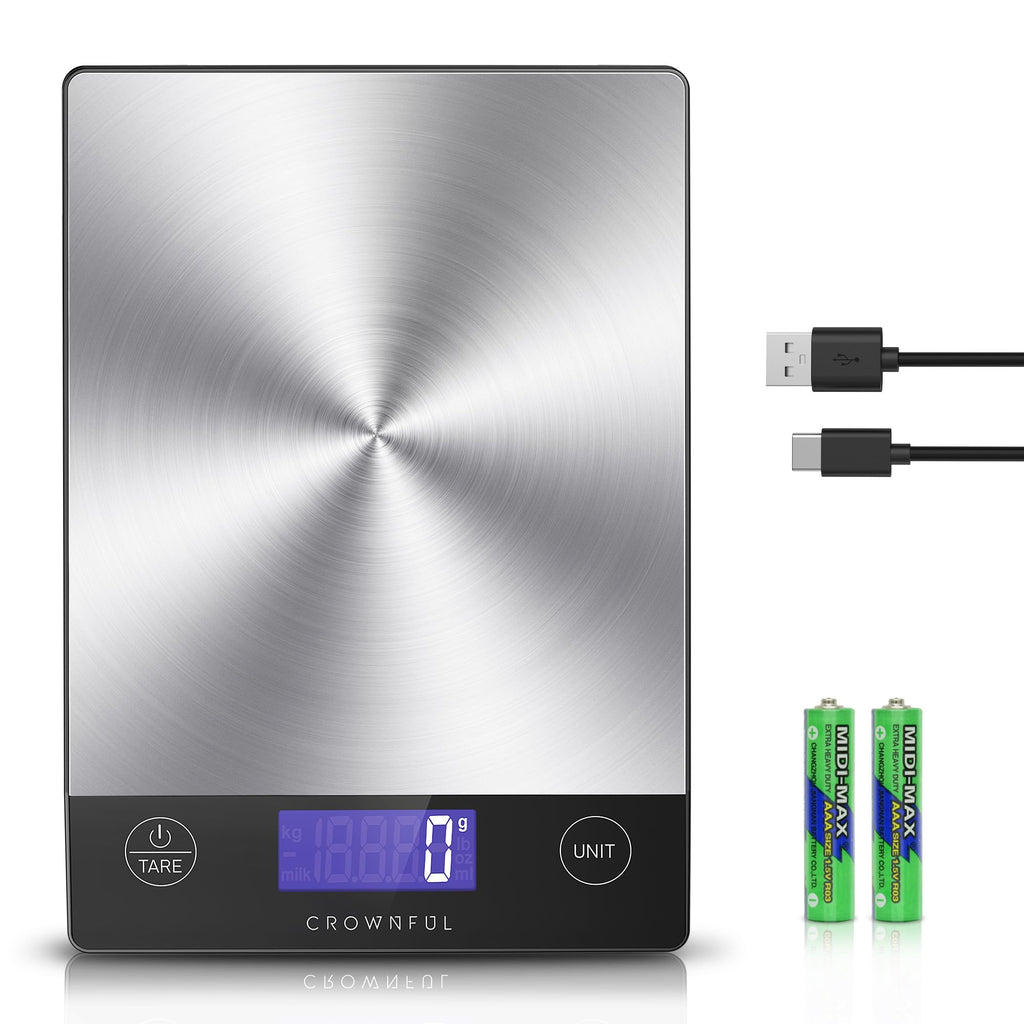 CROWNFUL Food Scale, Rechargeable 304 Stainless Steel Digital Kitchen Scale Upto 33lb Weight Grams and Ounces with LCD Display and Type-C Charging for Baking and Cooking