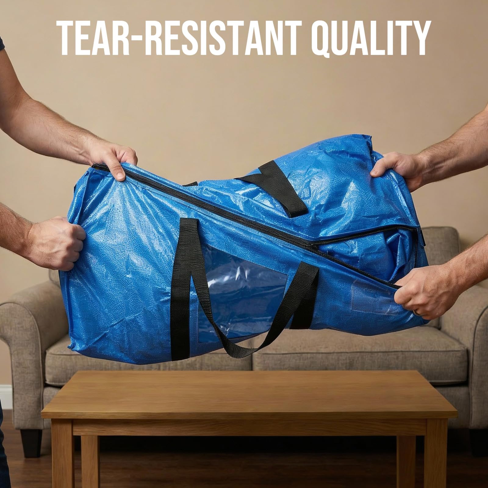 TAILI Extra Large Moving Bags, Heavy Duty Totes for Storage with Visible Window, U-Shaped Around Handles, Storage Contrainer Box for Space Saving, Blue, 4 Pack