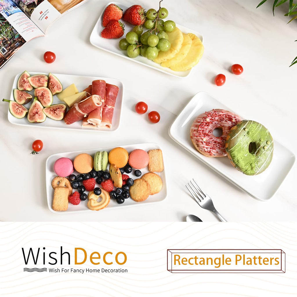 WishDeco Small Rectangle Serving Platters Set of 6, Ceramic Serving Dishes 9 inch / 23 cm, White Serving Tray for Salad, Dessert, Sushi, Party, Side Dish