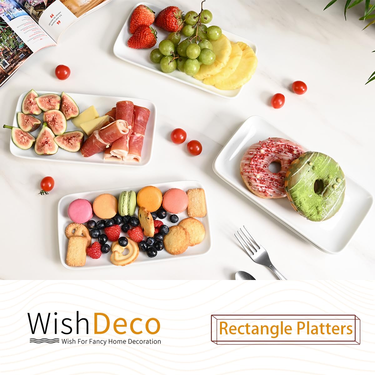 WishDeco Small Rectangle Serving Platters Set of 6, Ceramic Serving Dishes 9 inch / 23 cm, White Serving Tray for Salad, Dessert, Sushi, Party, Side Dish