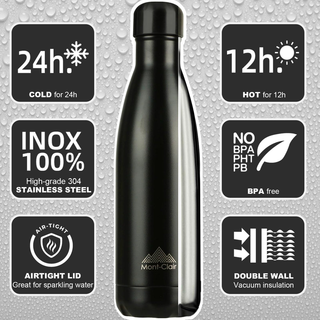 Mont-Clair l'O Stainless Steel Water Bottle, Vacuum Insulated - BPA Free, 12h Hot & 24h Cold Drinks Bottle, Metal, 1L Leakproof, Ideal for Adult, Kids, Running - Black