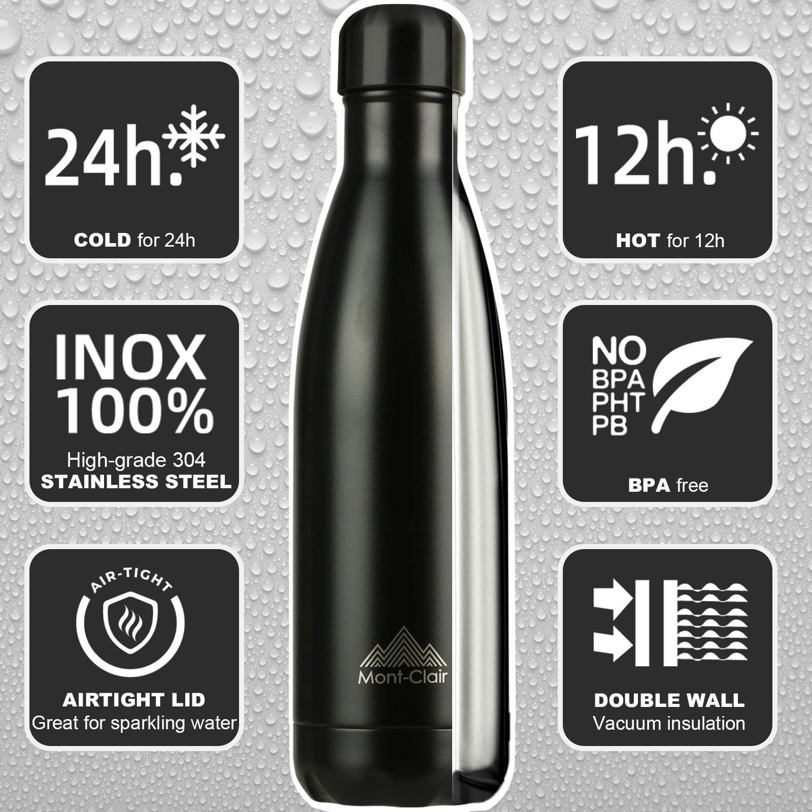 Mont-Clair l'O Stainless Steel Water Bottle, Vacuum Insulated - BPA Free, 12h Hot & 24h Cold Drinks Bottle, Metal, 1L Leakproof, Ideal for Adult, Kids, Running - Black