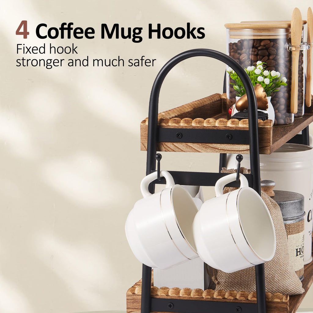 Coffee Bar Accessories, 2-Tier Coffee Bar Organizer with 4 Coffee Cup Holder Hooks, MUL-tifunctional Wooden Beaded Coffee Station Countertop Stand Shelf for Kitchen Home Office