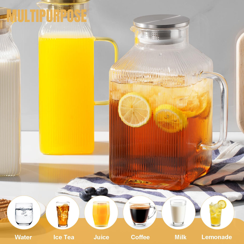 1 Gallon 128oz Square Glass Pitcher with Lid and Handle, Water Pitchers with Handle for Fridge, Borosilicate Glass Carafe with vertical stripe design for Hot/Cold Drink.