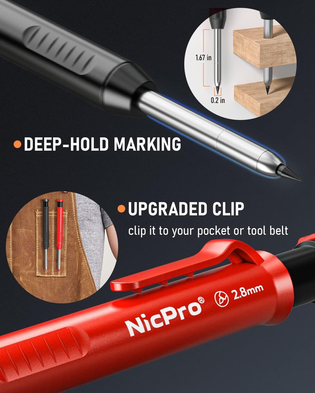 Nicpro 6 Pack Carpenter Pencil with Sharpener, Mechanical Pencils Set with 54 Refills (Red, Black, Yellow, White, Green, Blue), Deep Hole Marker Construction Heavy Duty Woodworking Pencils - With Case
