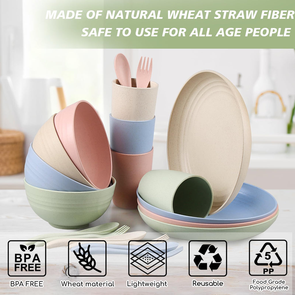 Shopwithgreen 20 PCS Wheat Straw Dinnerware Set Service for 4, Microwave & Dishwasher Safe Plates and Bowls Cups, Unbreakable Dishes Set with Forks & Spoons