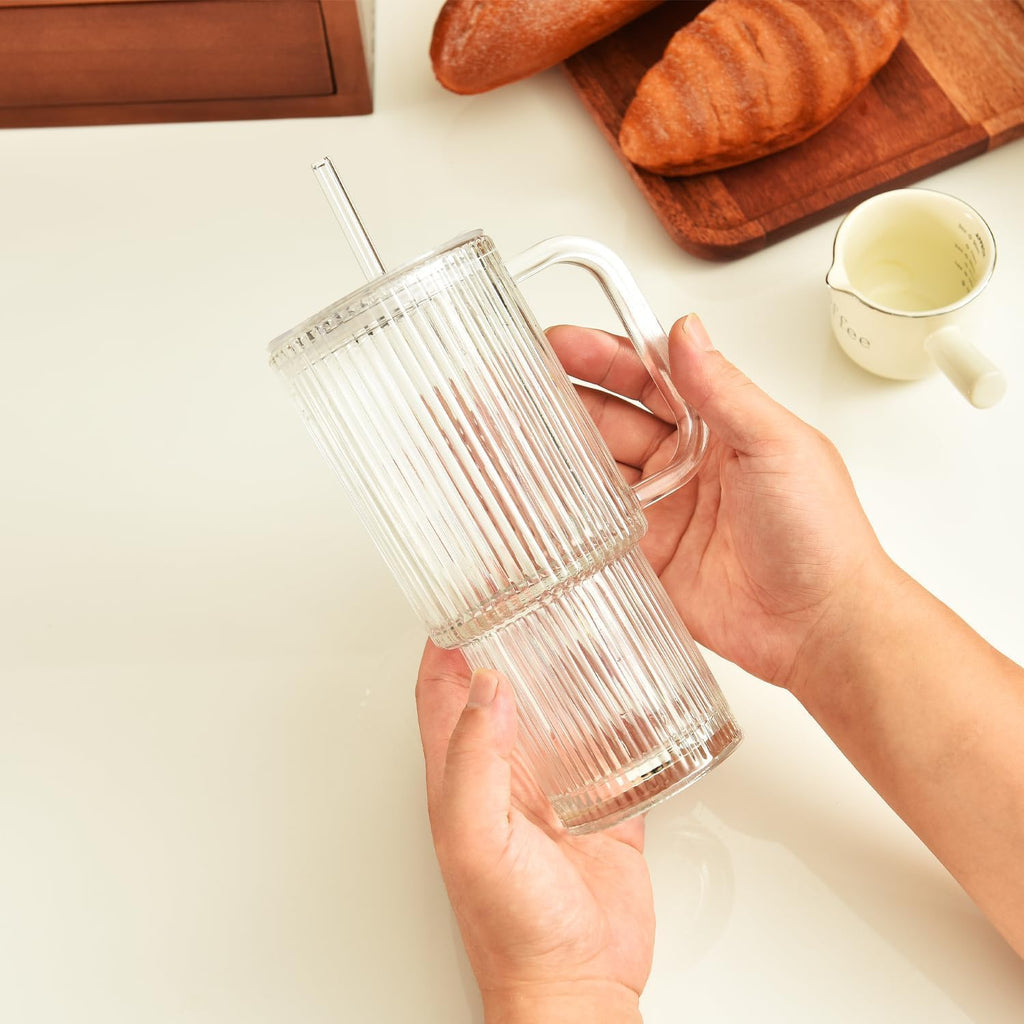 26oz Ribbed Glass Tumbler with Handle & Lid – 2-Pack Large Iced Coffee Cups with Straws, Modern Glass Mug for Cold & Hot Beverages, Aesthetic Travel Cup for Smoothies, Tea, and Juice