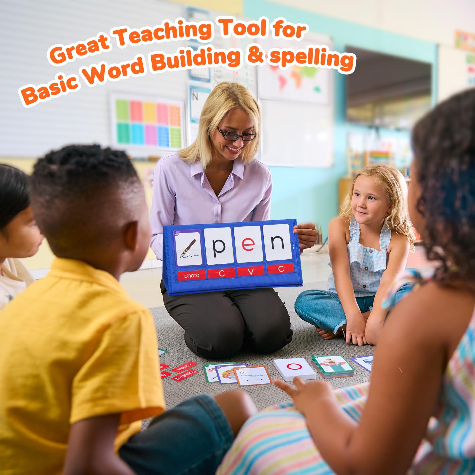 Gamenote Word Building Desktop Pocket Chart Tent Cards Kit - CVC Words Phonics Games Blending Board for Kindergarten Reading and Spelling