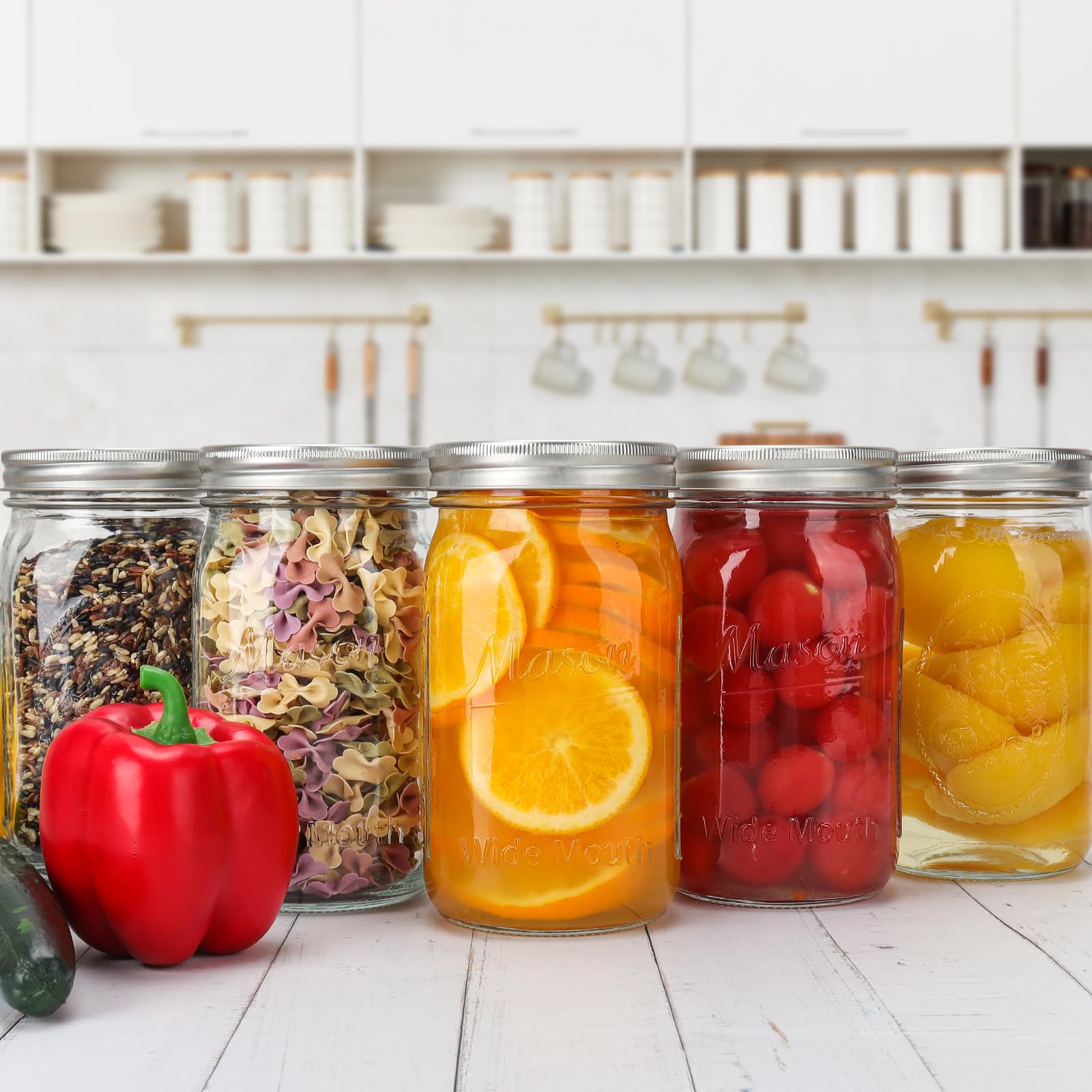 CycleMore 32oz 6 Pack Mason Glass Jars with Black Lids, Clear Regular Mouth Canning Jars for Jelly, Jam, Honey, Wedding Favors, Spices and Herbs