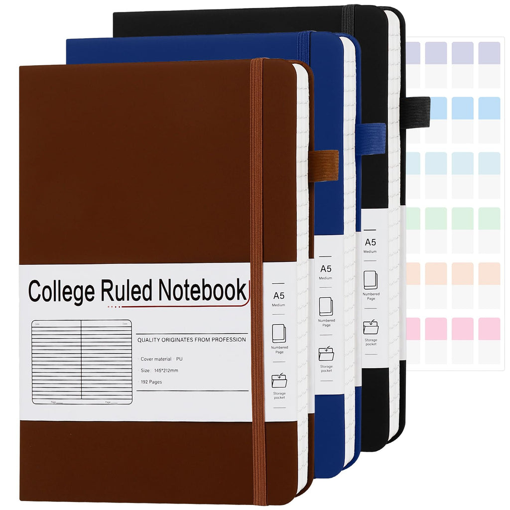 CronElysia A5 Lined Journal Notebooks for Work, 192 Pages, Medium 5.7 x 8.3inch, College Ruled, Vegan Leather Hardcover Journals for Women Men,3 Pack,Black-Brown-Navy Blue