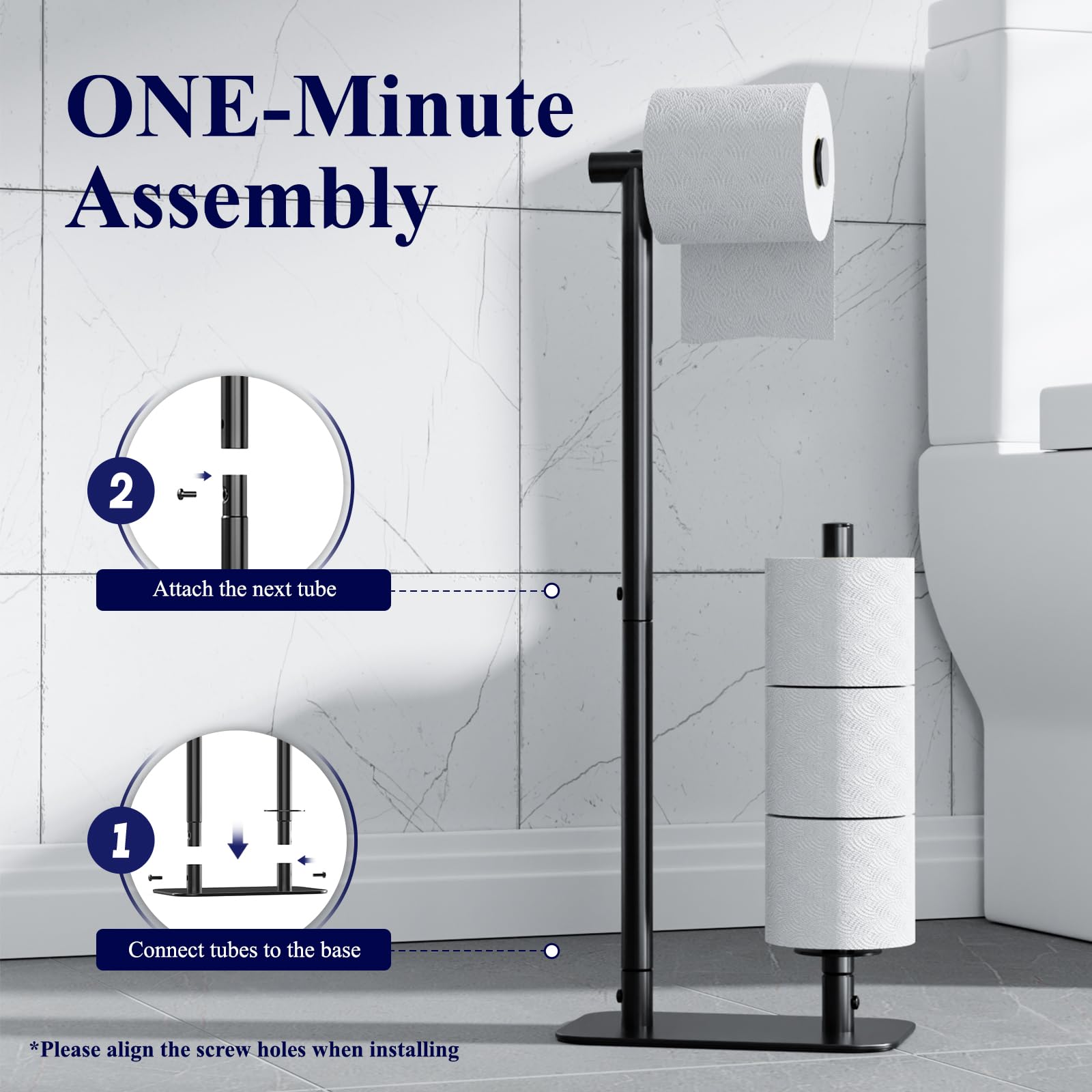 Kitsure Toilet Paper Holder - Large Capacity Standing Toilet Paper Holder for 4 Rolls, Rustproof Roll Storage Stand with Non-Slip Stable Base for Bathroom, Black，Large