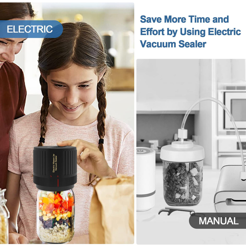 Electric Mason Jar Vacuum Sealer Kit, Portable Vacuum Sealer for Regular and Wide Mason Jars, Food Storage and Fermentation, Deep Black