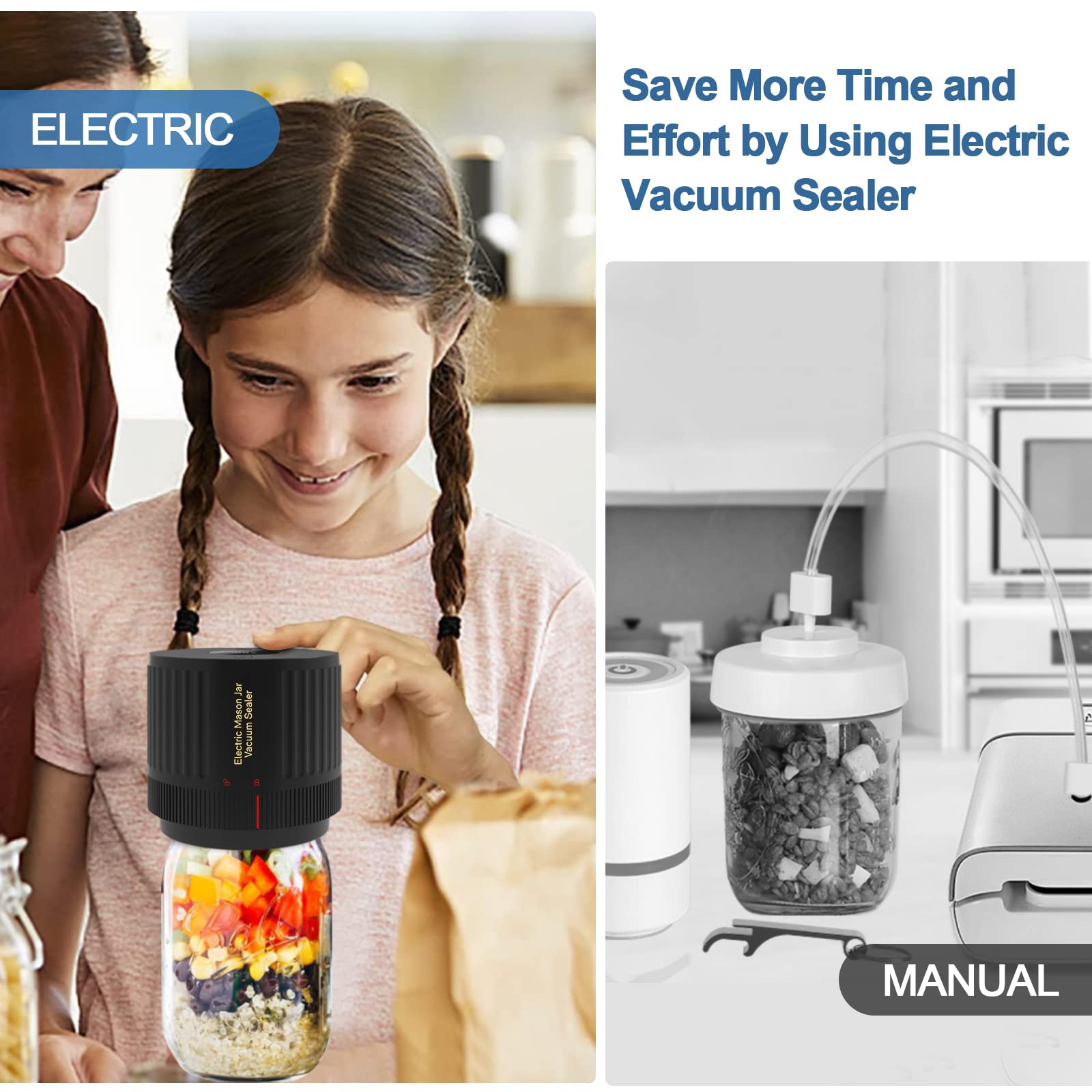 Electric Mason Jar Vacuum Sealer Kit, Portable Vacuum Sealer for Regular and Wide Mason Jars, Food Storage and Fermentation, Deep Black
