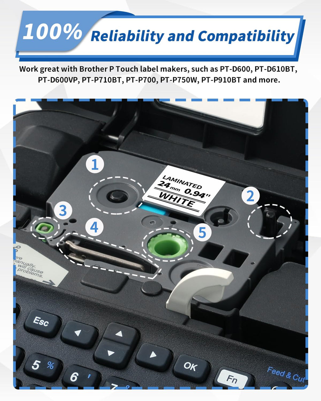 Replacement for Brother P Touch Tze Tape 24mm TZe-251 0.94" Laminated White Compatible with Brother PT-D600 PT-D600VP PT-P710BT PT-P700 PT-P750W PT-2730 Label Makers, Black on White, 4-Pack