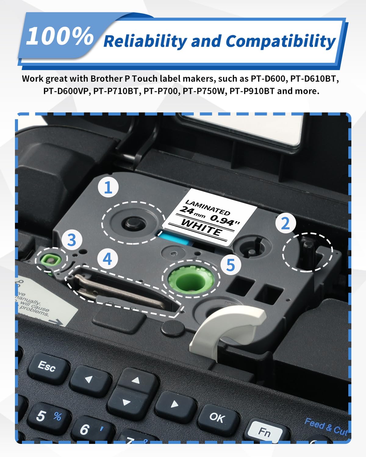 Replacement for Brother P Touch Tze Tape 24mm TZe-251 0.94" Laminated White Compatible with Brother PT-D600 PT-D600VP PT-P710BT PT-P700 PT-P750W PT-2730 Label Makers, Black on White, 4-Pack