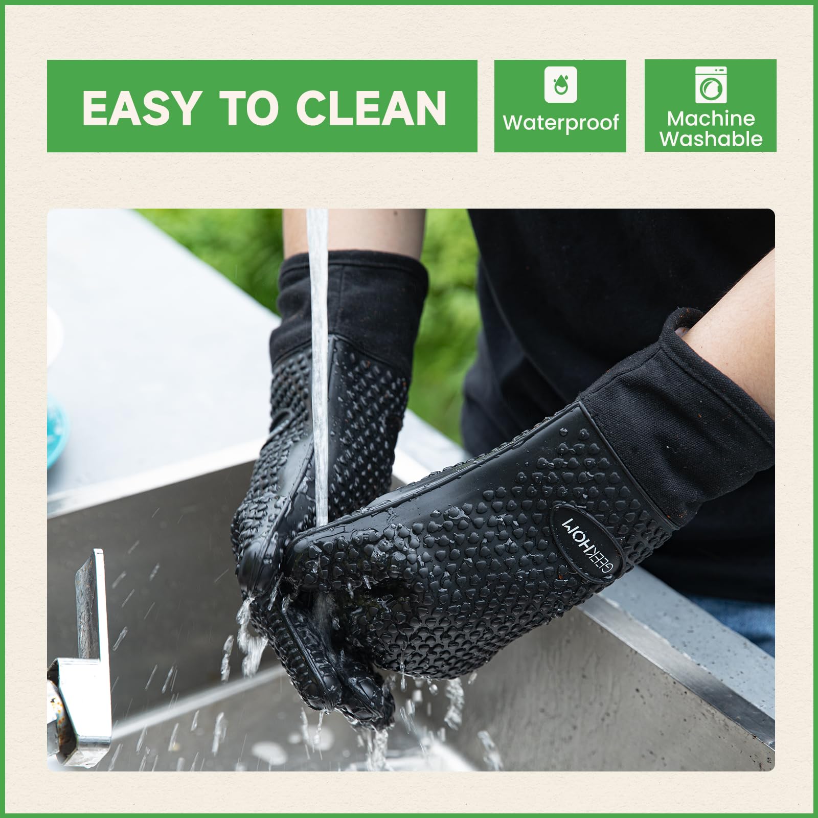 GEEKHOM Silicone Oven Mitts Heat Resistant Gloves with Cotton Lining for Kitchen Cooking, Baking & BBQ Accessories, Dishwasher Safe Non-Slip Grip (Black)