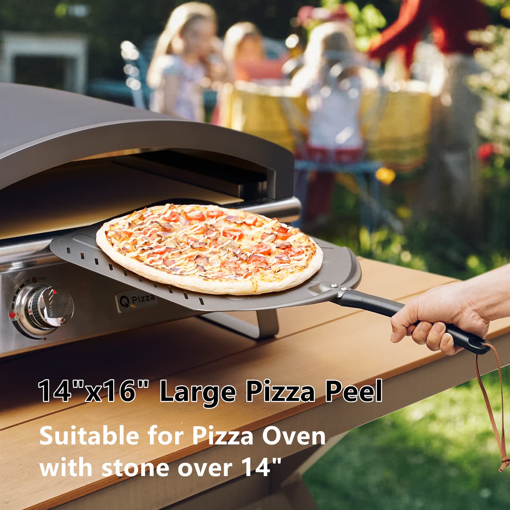 Q Pizza Aluminum Non-Stick Pizza Peel with Strap for Easy Storage, 14" Extra Large Perforated Metal Pizza Paddle for Grill Oven, Pizza Spatula for Baking Bread Pastry Pie Cake Pizza