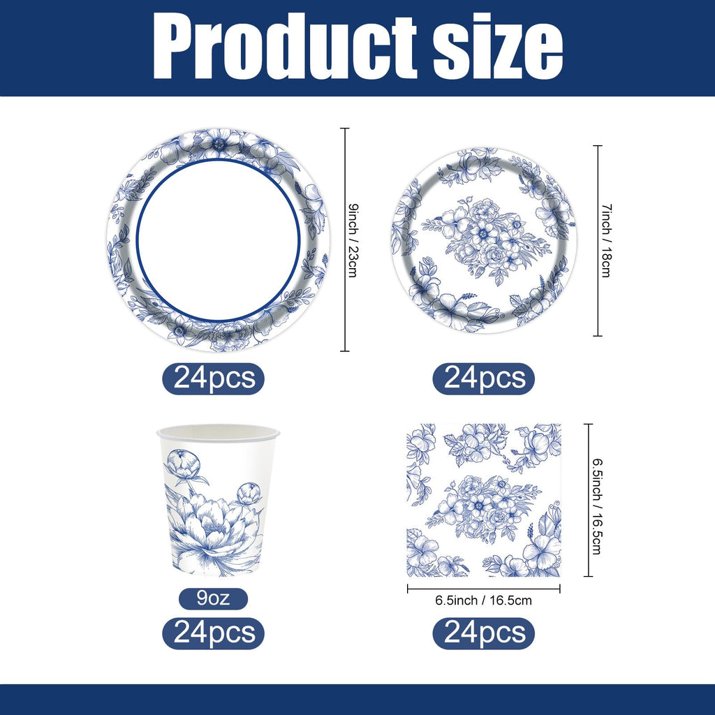 SKTMH 96Pcs Blue White Flower Party Decorations: Blue White Floral Tableware - Plates, Napkins, Cups - Tea Party Supplies - Disposable - Floral Birthday Decor
