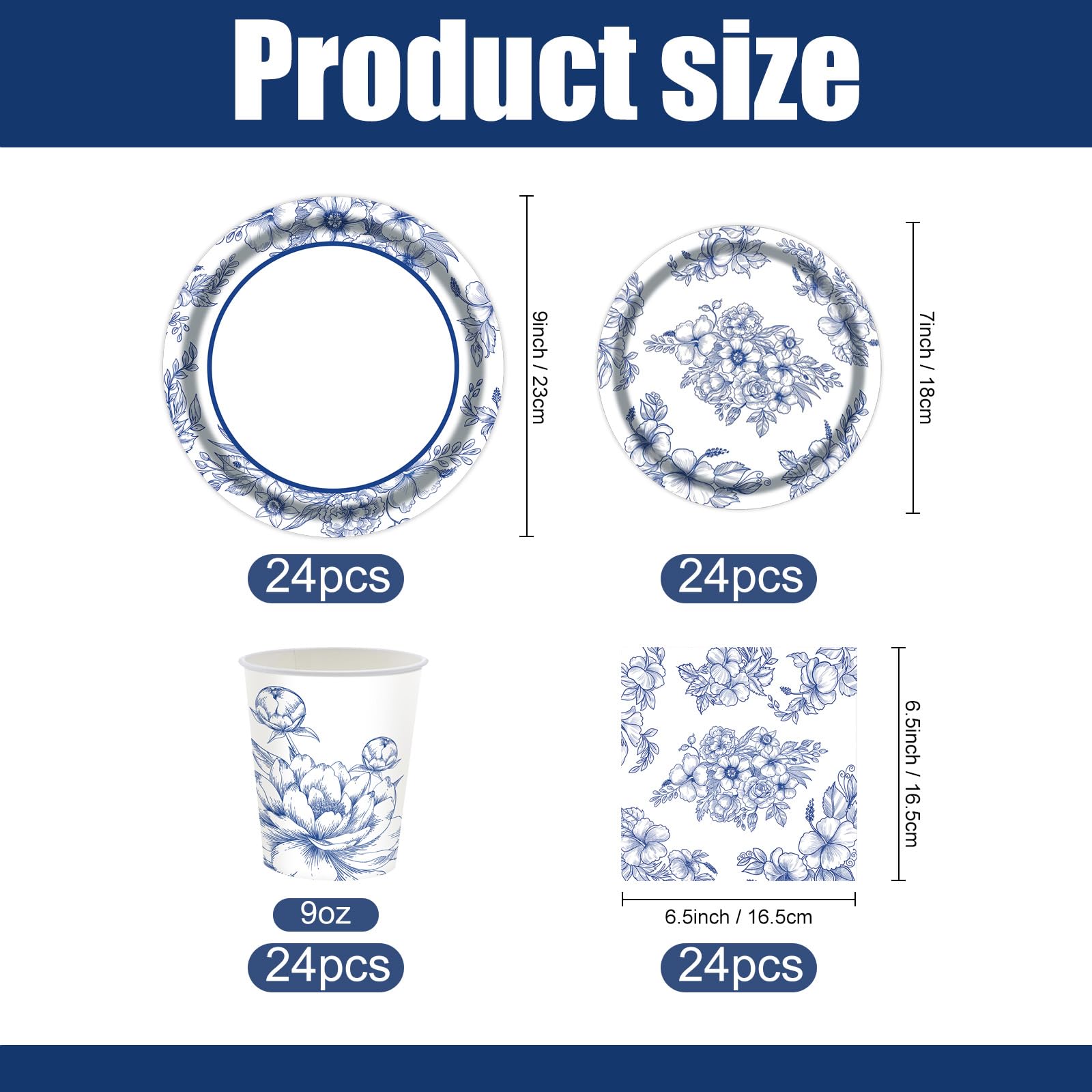 SKTMH 96Pcs Blue White Flower Party Decorations: Blue White Floral Tableware - Plates, Napkins, Cups - Tea Party Supplies - Disposable - Floral Birthday Decor