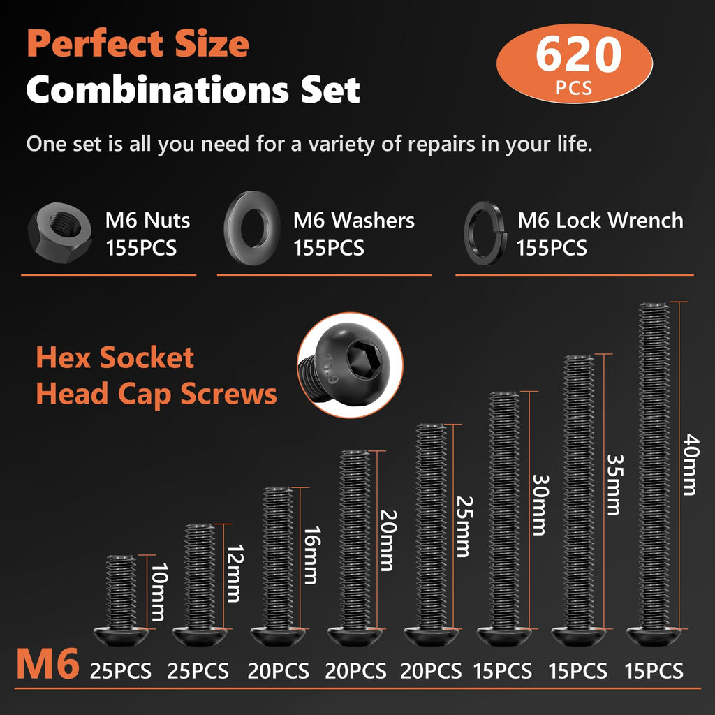 620Pcs M6 Screw Assortment Kit, Bolts Screws Nuts Kit, M6 x 10/12/16/20/25/30/35/40mm Metric Button Head Hex Socket Head Cap Bolts, 10.9 Grade Alloy Steel Black Screws with Wrench for 3D Printer