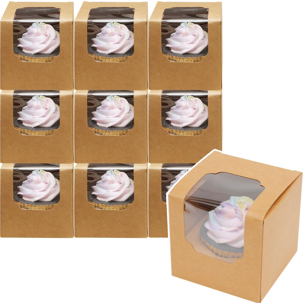 qiqee Brown Cupcake Boxes Individual Cupcake Container 100pcs 3.5" x 3.5" x 3.5" Auto-Pop up Single Cupcake Boxes (100 Boxes+100 Inserts)