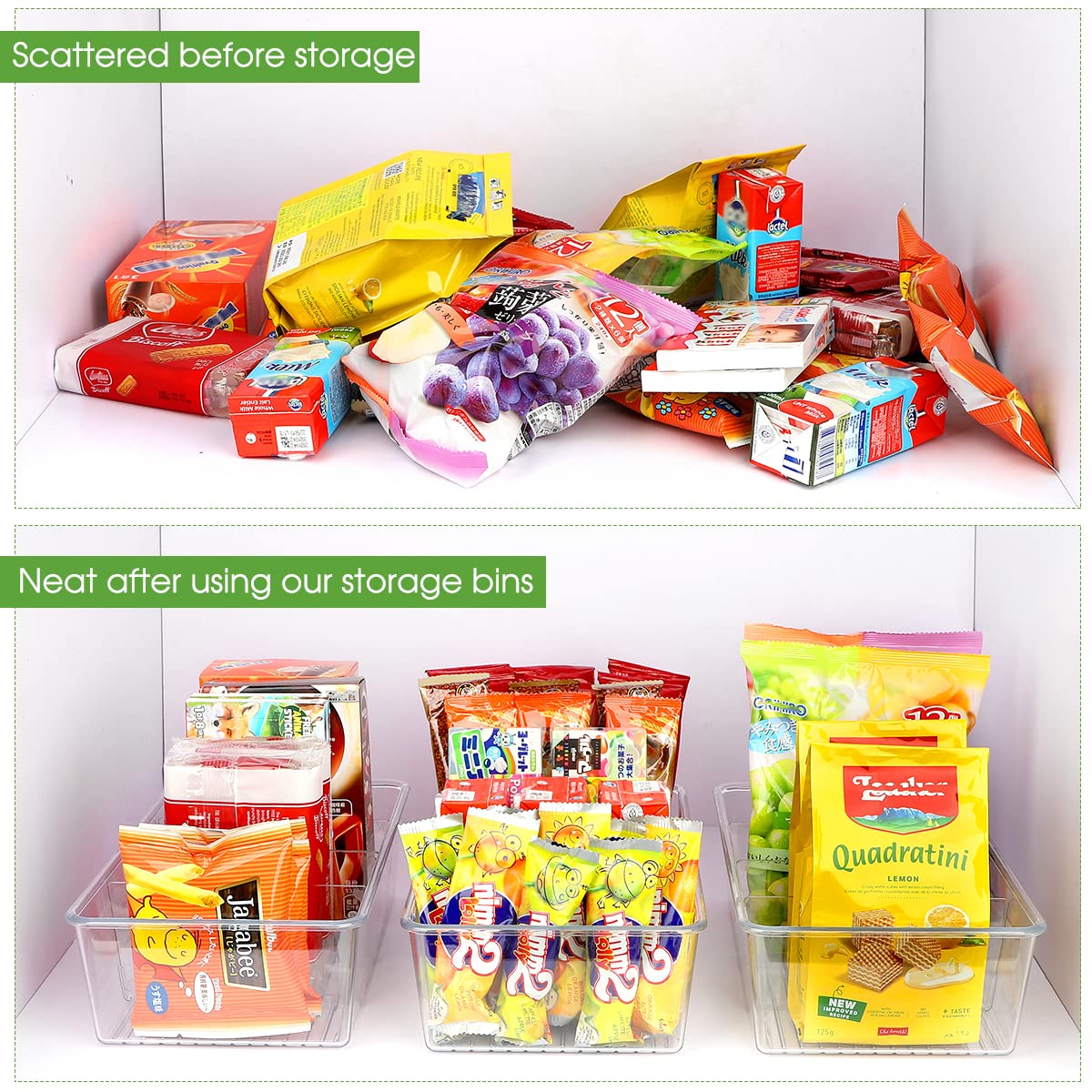 6 Pack Food Storage Organizer Bins Clear Plastic Removable Snack Organizer Pantry Organization Storage Racks with 3 Dividers, Kitchen, Cabinets Snacks, Packets, Spices, Pouches Stackable Bins
