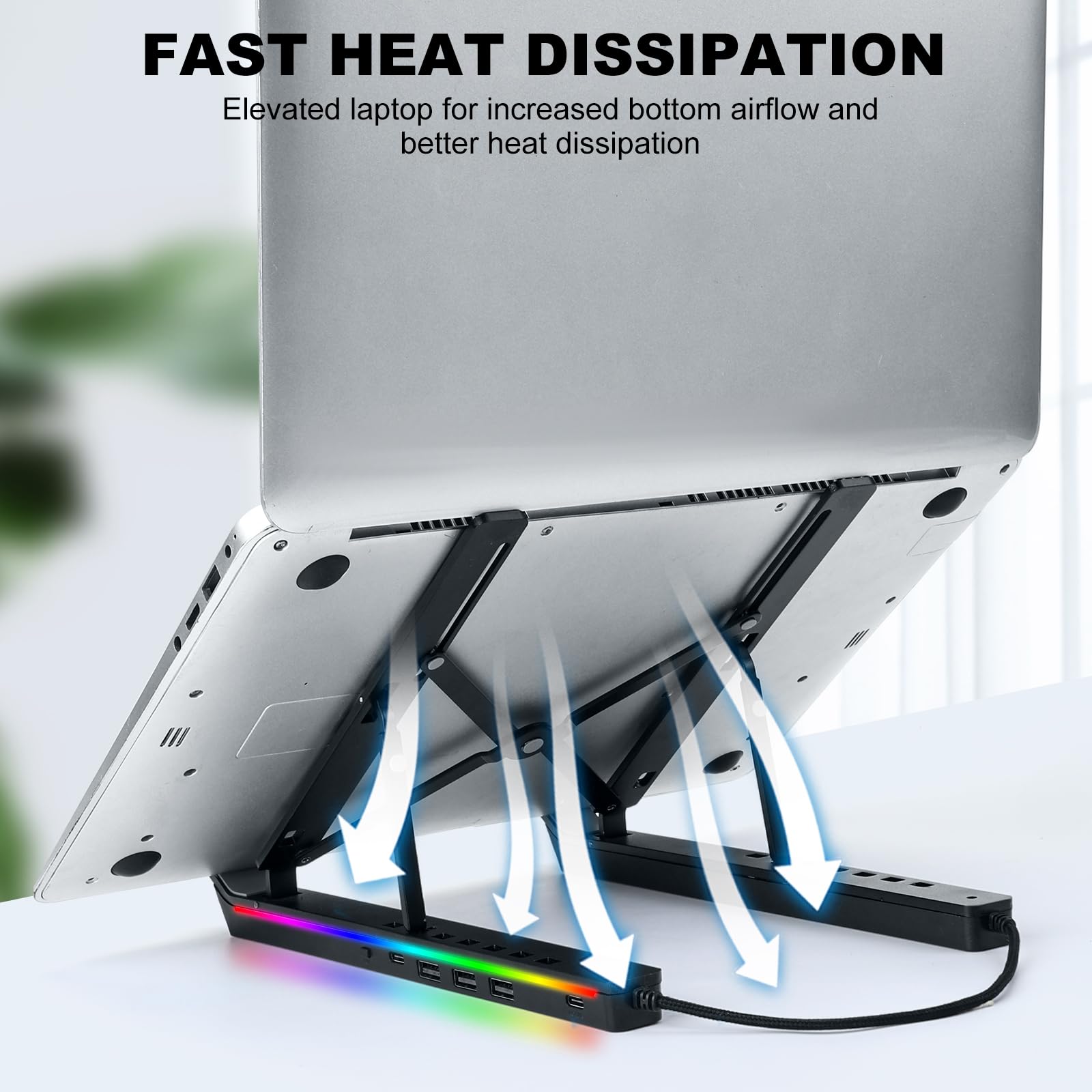 Laptop Stand for Desk, Aluminum Computer Stand with USB-A、USB-C and RGB Lights, Adjustable Foldable Portable Notebook Stand, Multi-Functional Laptop Riser with Additional Ports