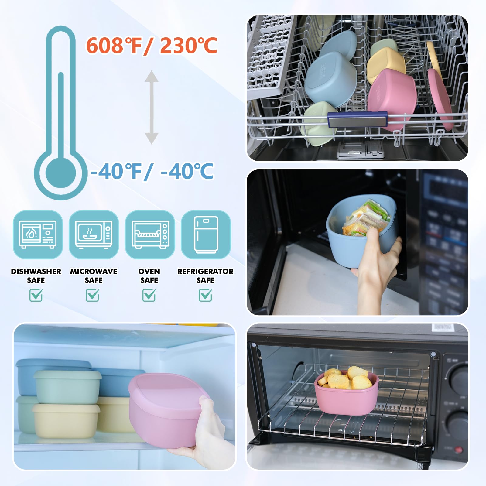 Anatole Silicone Food Storage Containers 3 Pcs Lunch Bento Box with Lids Leakproof Dishwasher Microwave Oven Freezer Safe BPA Free (20oz 10oz 6.7oz)