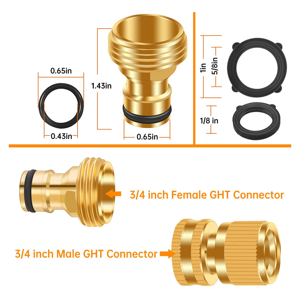 FRQNTKPA Garden Hose Quick Connector, No-Leak 3/4 Inch GHT Thread Fitting Water Hose Female Adapter and Male Adapter, Heavy-Duty Rust Resistant Brass Water Pipe Connect, Easy to Use (6 Pack ）