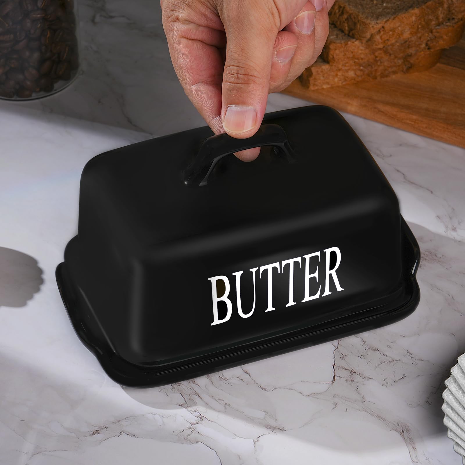 KAIBARE Butter Dish for 1 LB of Canadian Butter, Large Porcelain Butter Keeper with Lid Fit an Entire Pound Brick of Butter, Ceramic Butter Container for Countertop, Butter Storage, Color: Black