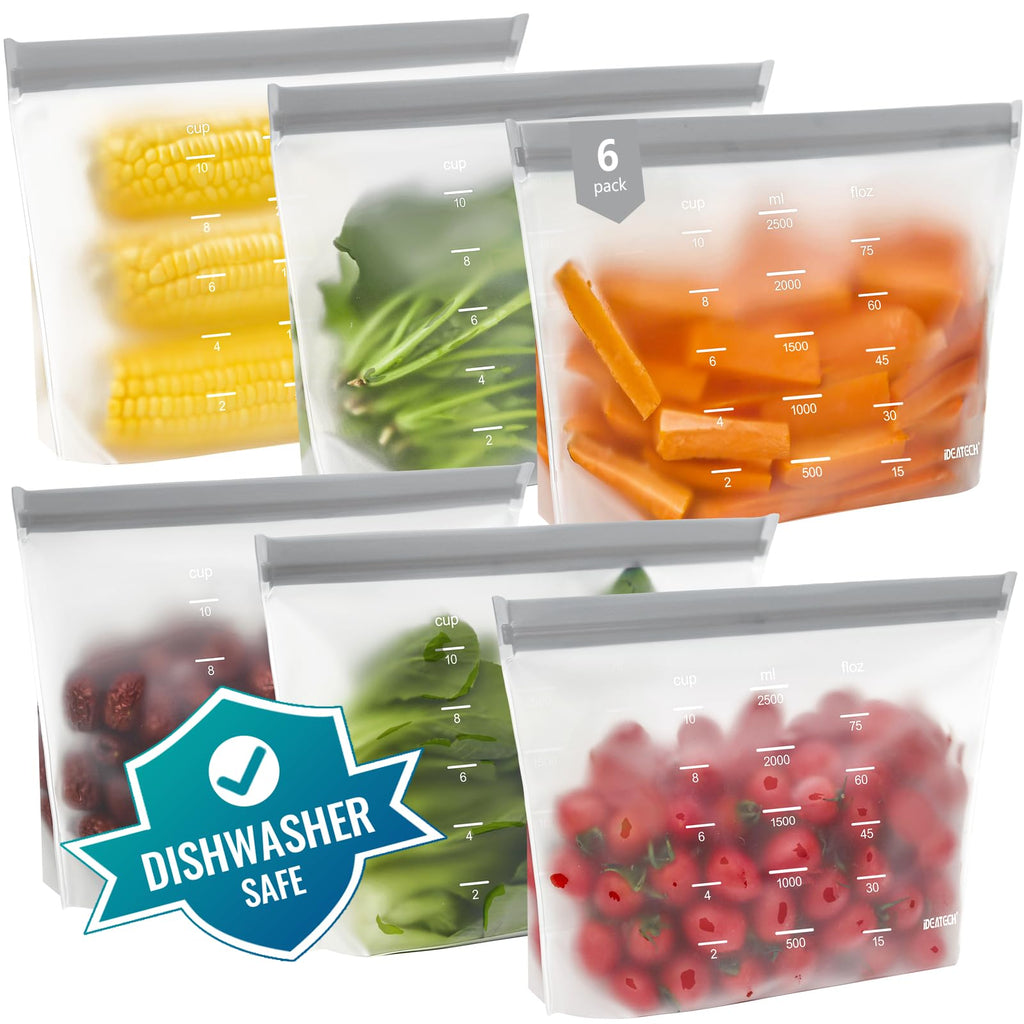 IDEATECH Reusable Stand Bags 6 Pack Ziplock Extra Large Silicone Food Storage Dishwasher Freezer Safe Plastic Organizer Safe Gallon Soup Snack Freezing