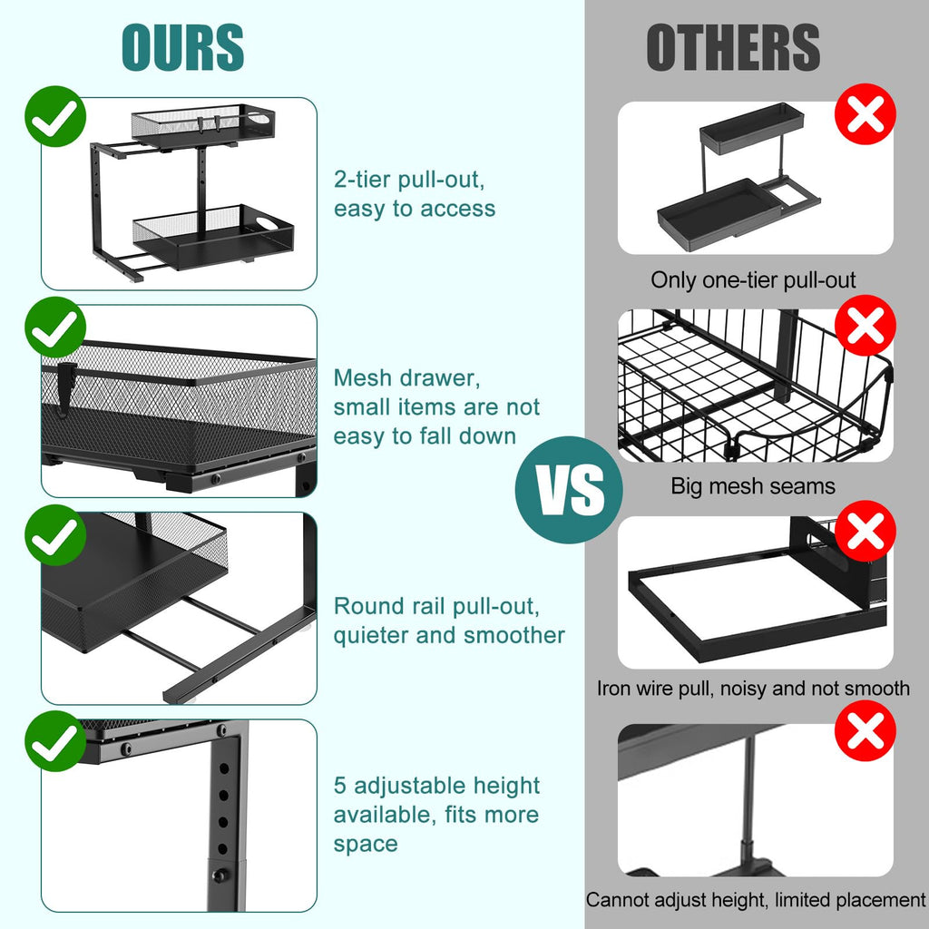 Housolution 1 Pack Large Under Sink Organizer, 2 Tier Metal Pull Out Under Sink Storage with Sliding Mesh Drawers, Height Adjustable Slide Out Under Cabinet Organizer for Kitchen Bathroom, Black
