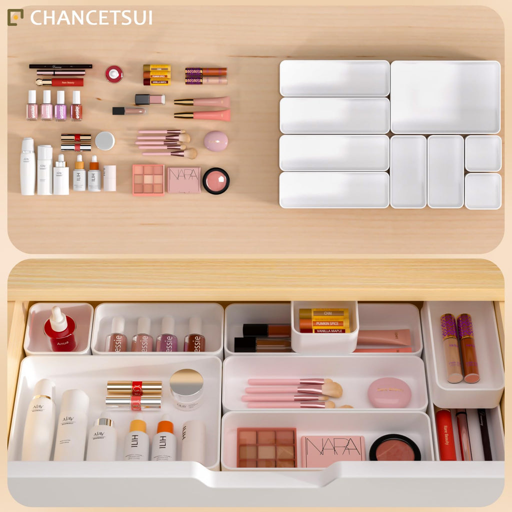 9 Pcs Stackable Drawer Organizer Trays Set, Multifunctional Stackable Storage Trays for Vanity, Bathroom, Kitchen, Desk Drawer Organizer Office. Plastic Drawer Organizers.
