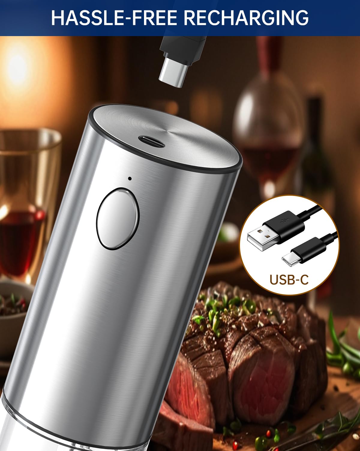 CIRCLE JOY Rechargeable Salt and Pepper Grinder Set with 6 Levels External Coarseness Adjustment, Stainless Steel Electric Salt Shaker and Dustproof Storage Base, 95ml Container, Led Light
