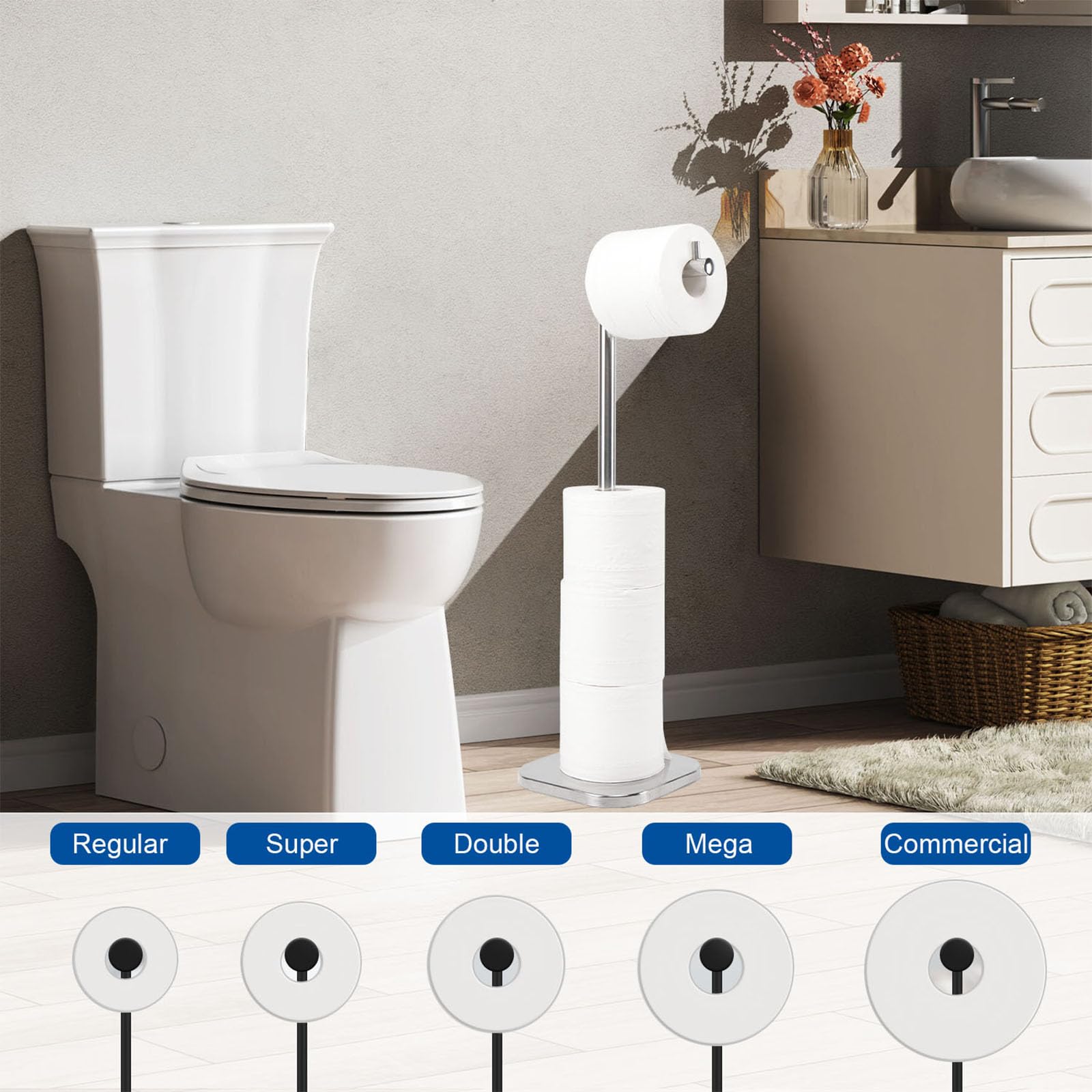TocTen Toilet Paper Holder Stand, Free Standing Toilet Paper Holder with Reserve, Stainless Steel Weighted Base Toilet Tissue Paper Roll Storage Holder for 5 Rolls of Toilet Tissue(Brushed Nickel)