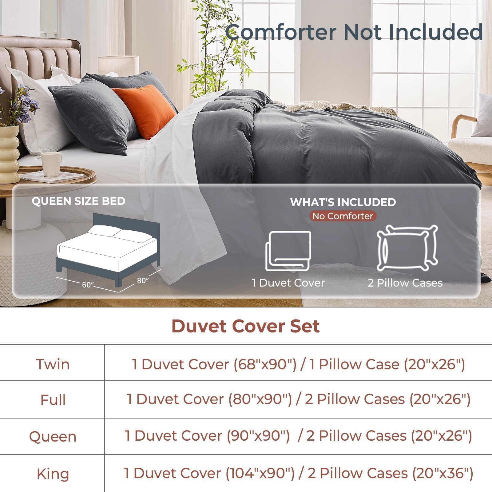 SASTTIE Duvet Cover Queen, 3-Piece Prewashed Ultra Soft Queen Bedding Set - Features Zipper Closure and Corner Ties, Includes 1 Duvet Cover 90x90 Inch & 2 Pillowcases, No Comforter, Dark Grey